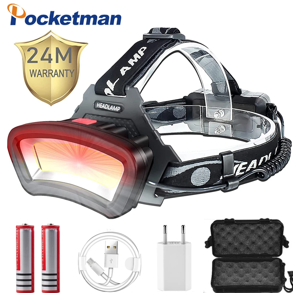 COB LED flood light with red light Usb Rechargeable Headlamp COB Headlight Outdoor Searchlight Head Torch lantern camping lamp