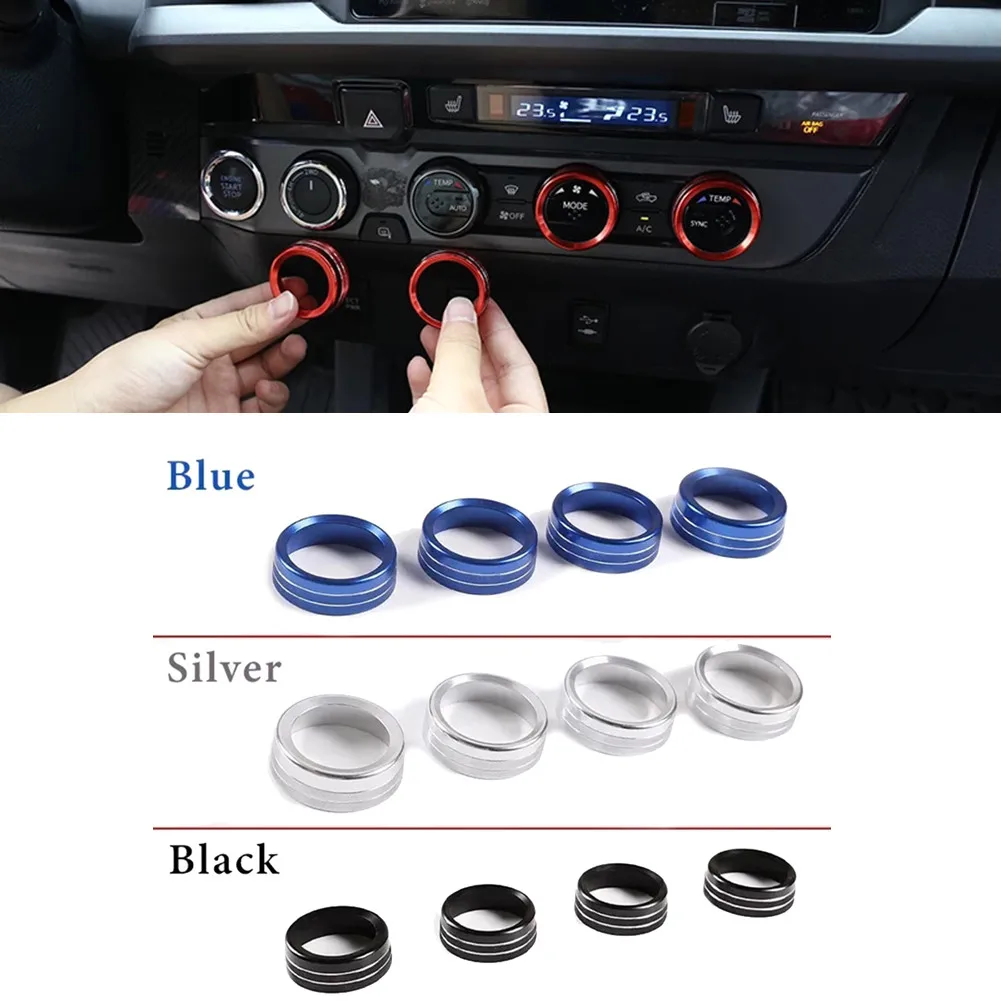 

4pcs Aluminium Alloy Blue Air Conditioner Switch CD Button Knobs Ring Trim Decor Fit For Toyota Tacoma 2016 2017 2018 2019 2020