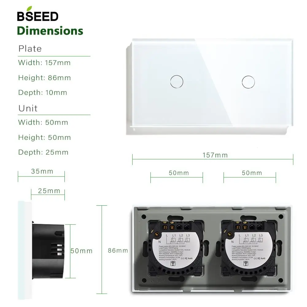 Bseed Mvava Smart 2 Gang Wi-Fi Управление сенсорный выключатель работать с Tuya157mm светильник