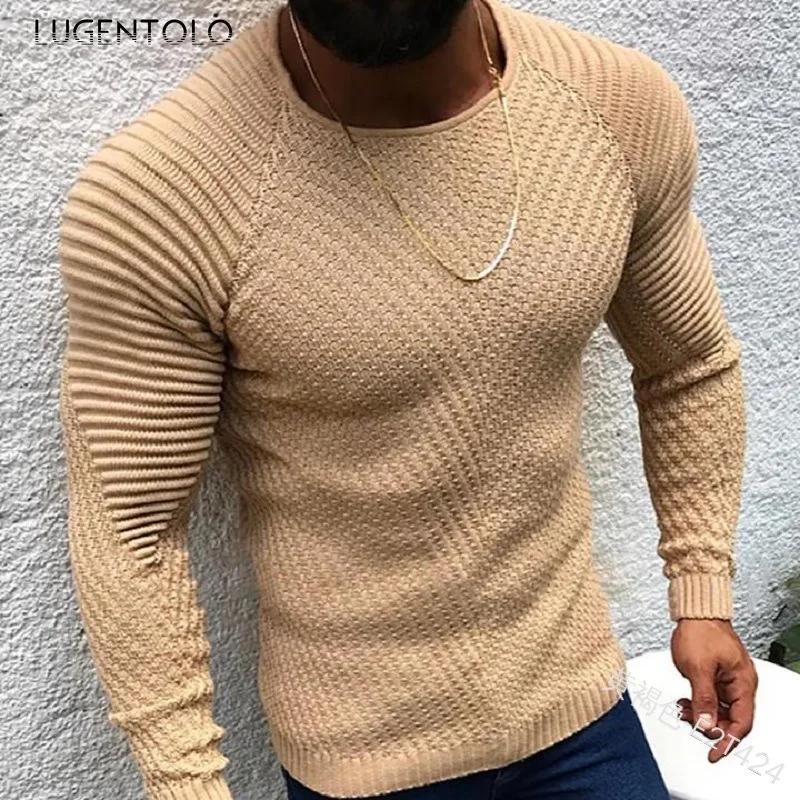 

Men Knitted Sweater Spring Autumn Slim Fit Long Sleeve Round Neck Pullover Casual Solid Color Top Bottom Sweaters Lugentolo