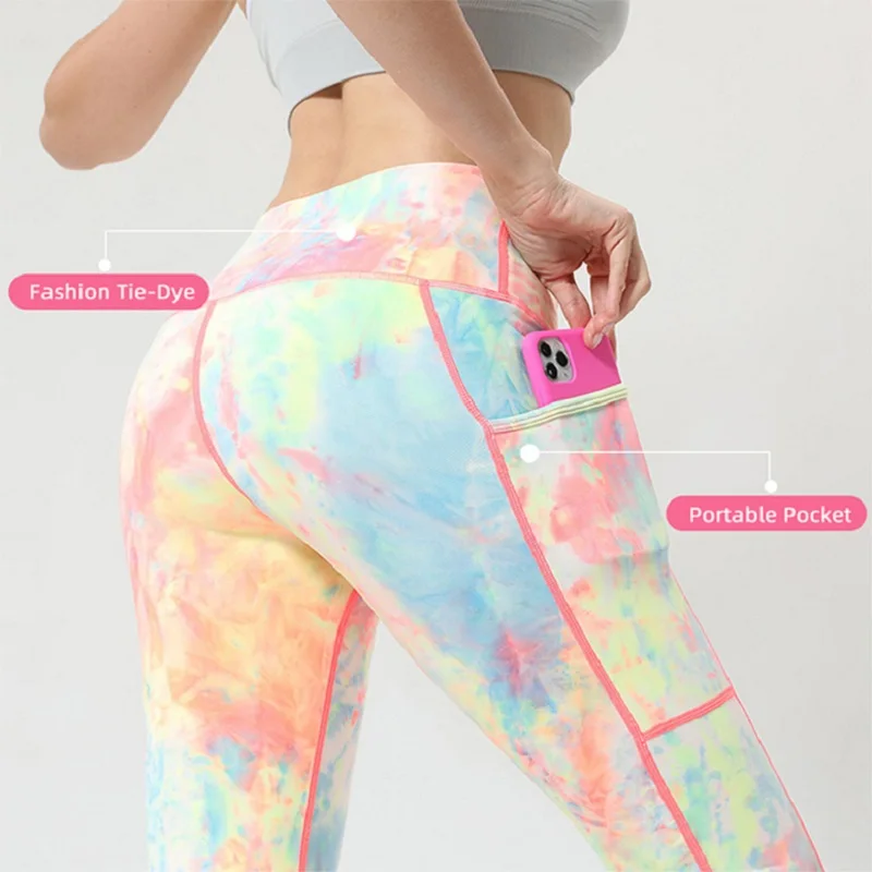 

Fitness Tie Dye Printed Pocket Yoga Pants Ladies High Waist XL Sports Tights Training Sportswear Long Elastic Pants -40