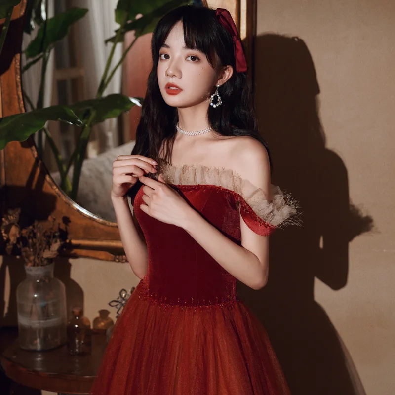 Новинка винно красное свадебное платье вечернее на одно плечо темпераментное