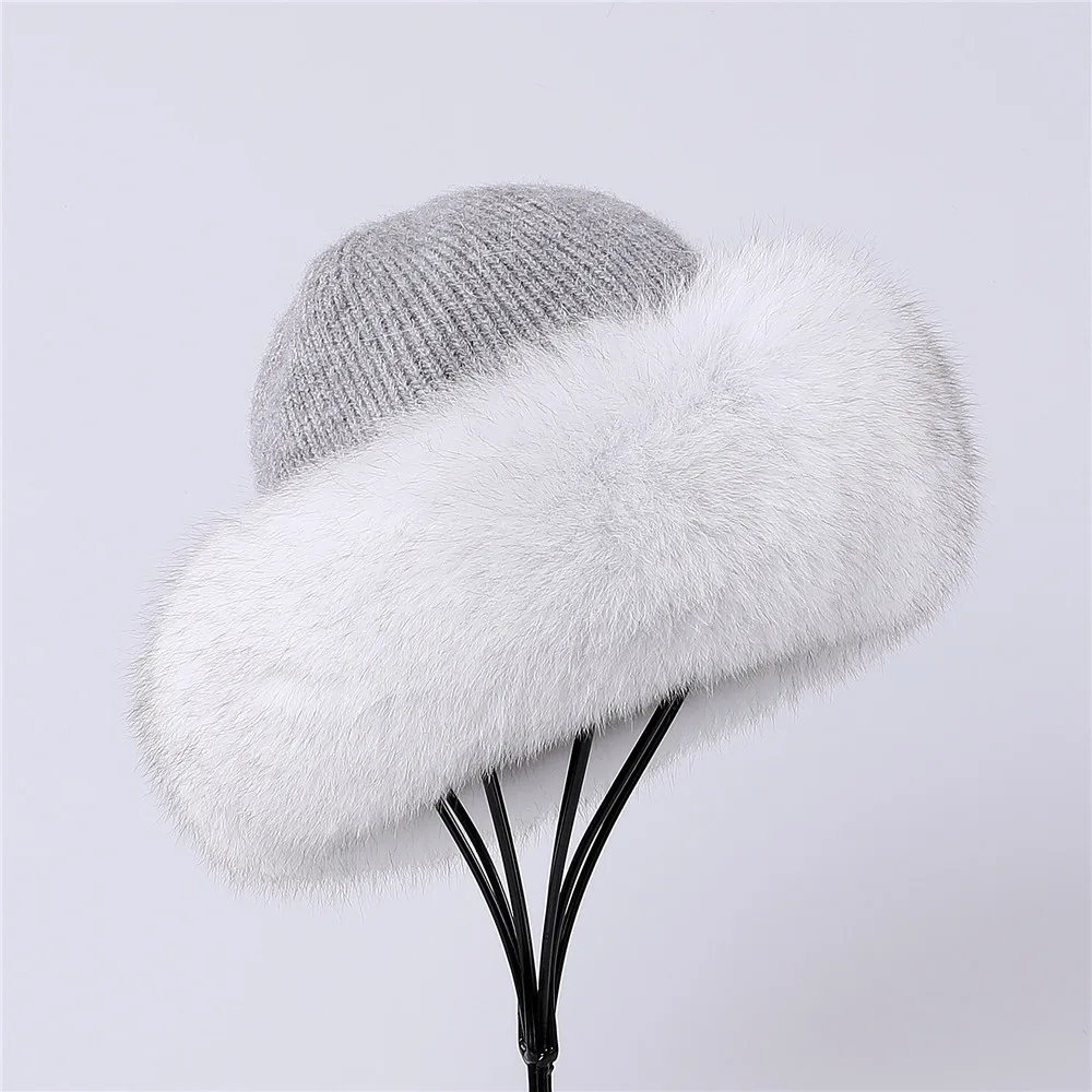 2022 New Women's Angora Knitted Beanie Hat With Fox Fur Trimming Bucket Cap Top Hats Fleece Lining