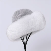 2021 new womens angora knitted beanie hat with fox fur trimming bucket cap top hats fleece lining