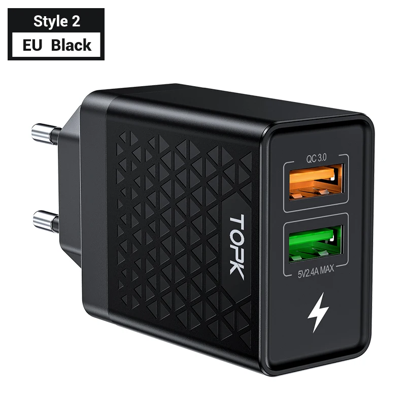 TOPK B254Q Быстрая зарядка 3,0 адаптер зарядного устройства с двойным USB ЕС Путешествия стены QC3.0 быстрое зарядное устройство для телефона для iPhone samsung Xiaomi - Тип штекера: EU Black for Style 2