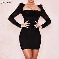 janevini fashion polka dot mesh women mini dresses puff sleeve see through sexy black dress summer female bodycon party dresses