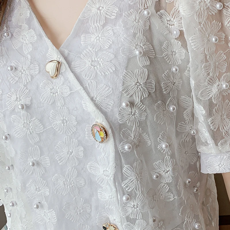 Женская кружевная рубашка с вышивкой QOERLIN свободная повседневная однобортная