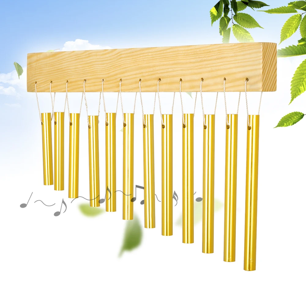 

12-bar Wind Chime Aluminum Tube & Solid Wood Material Percussion Instrument for Outside Home Garden Decoration Mallet Gold