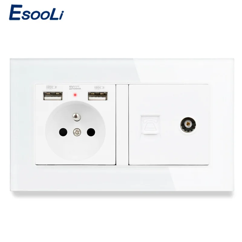 Разъем ESOOLI со стеклянной панелью французская стандартная розетка с 2 USB-портами