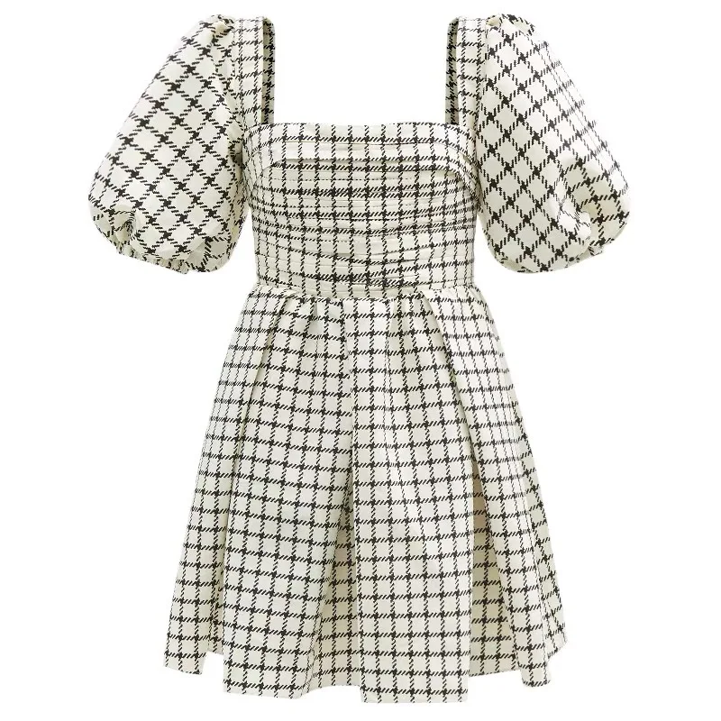 

Women Dress Spring and Summer Case Grain Square Gets Bubble Bubble Sleeve To Close Waist Temperament Sweet Bouffant Skirt