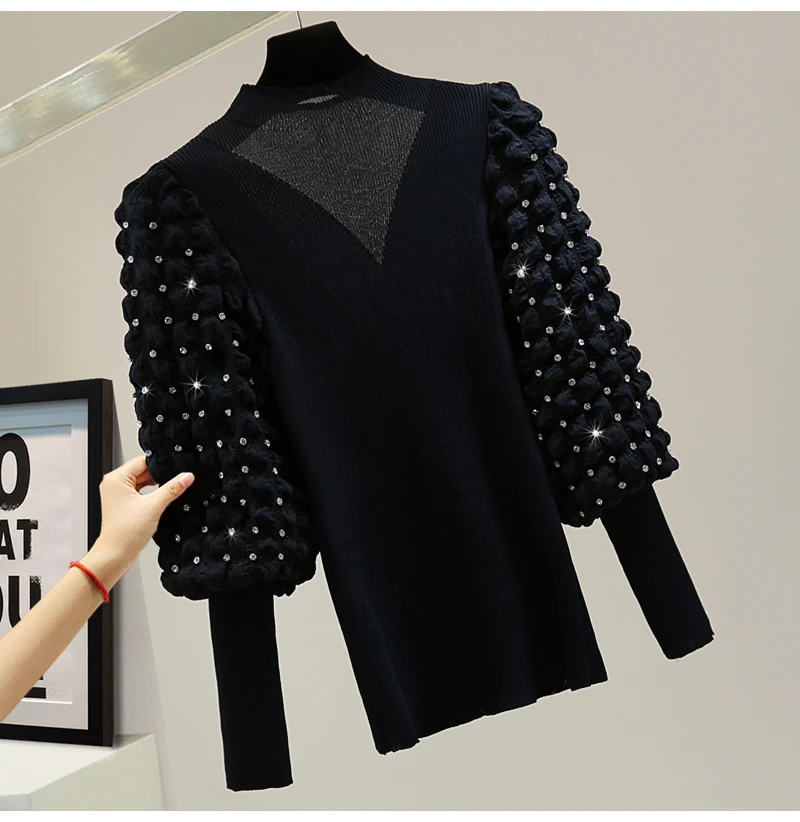 

Женский эластичный свитер Стразы, изысканная верхняя одежда с длинными рукавами, Осень-зима 2021, облегающие пуловеры в Корейском стиле с пыш...