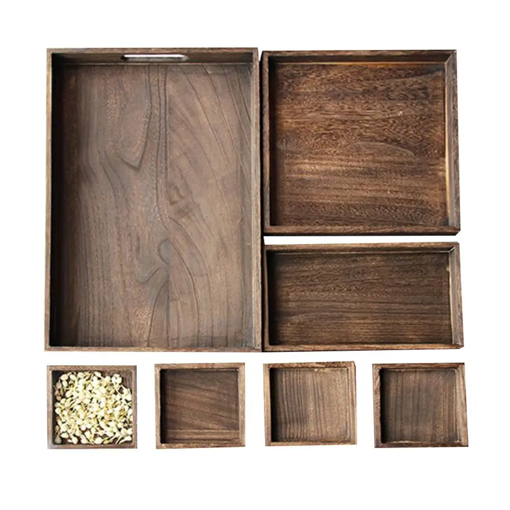 

7PCS/Set Burnt Color Vintage Wooden Tea Tray Retro Wooden Tea Set Hotel Tray Fruit Tray Dessert Plate Serving Tea Tray Set
