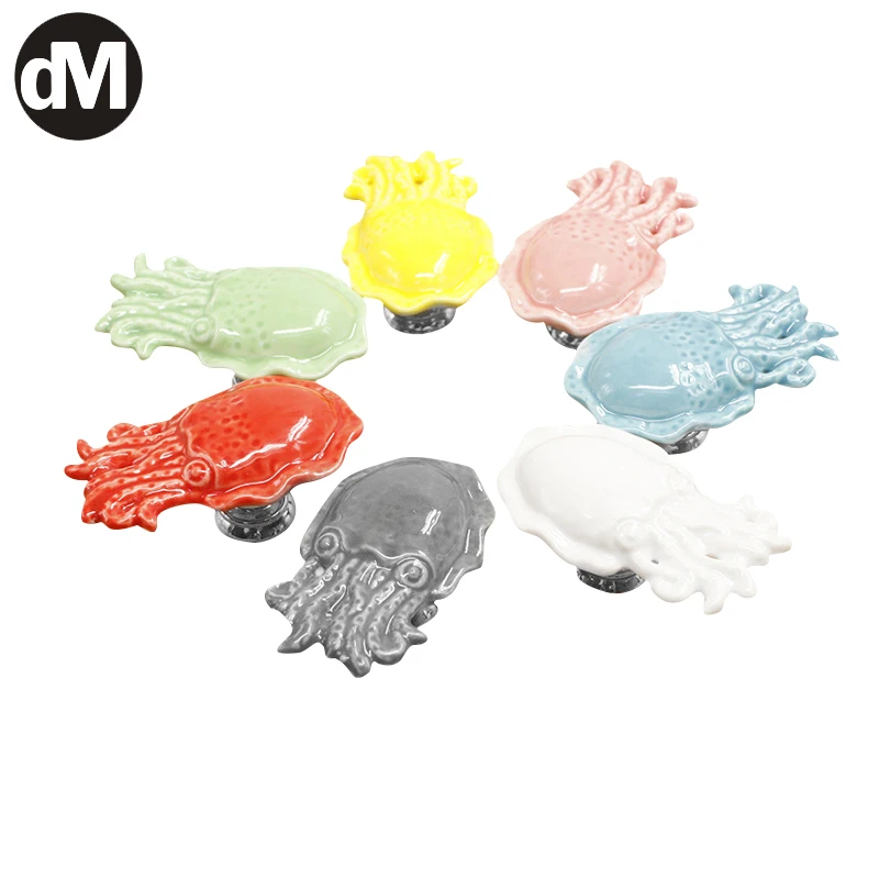 

DM European Multi-colors Ceramic Handle Cabinet Drawer Wardrobe Door Octopus Marine Animal Color Single Hole Handle Newest 2021