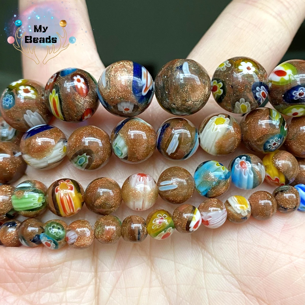 

Round Gold Sandstone Mixed Millefiori Flower Natural Stone Beads For Jewelry Making Diy Necklace Bracelet Charm 6 8 10 12mm 15”