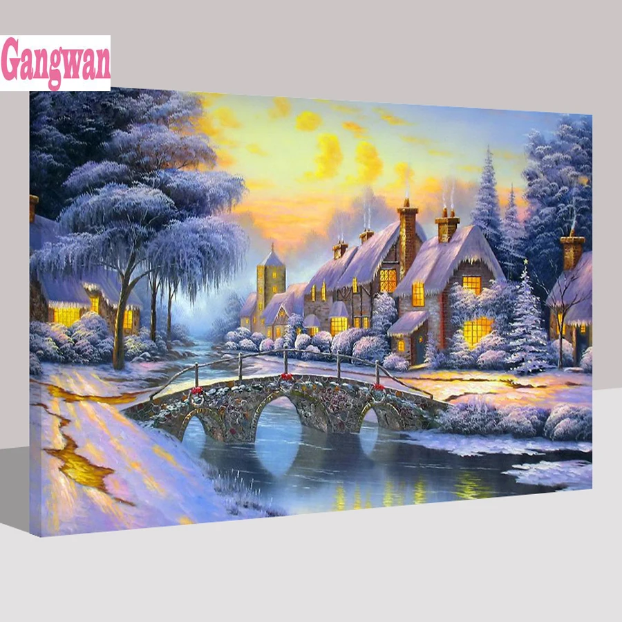 

winter snow landscape diamond painting stitch cross embroidery full square round drill house bridge mosaic rhinestone pictures