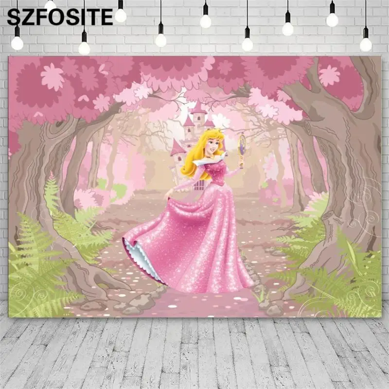 

Cartoon Pink Forest Castle Blonde Princess Picture Background Girl Birthday Party Decoration Photography Photo Vinyl Backdrop