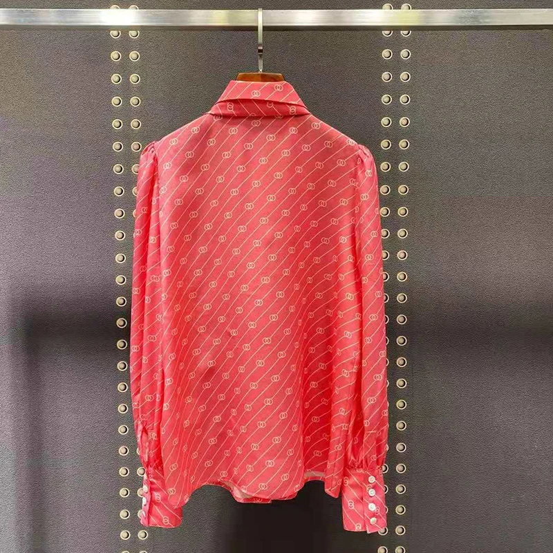 

Printed Blouses Women Pink Clothes 2021 Spring New Sweet Office Style Long Sleeve Lace Up Bow Collar Ladies Shirts Vintage Tops