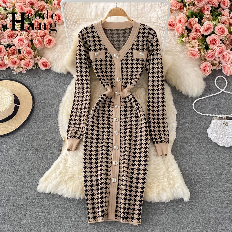 

HangCode хорошее качество, удобное элегантное офисное женское платье, Брендовое модное вязаное платье-свитер с рисунком «гусиные лапки», плать...