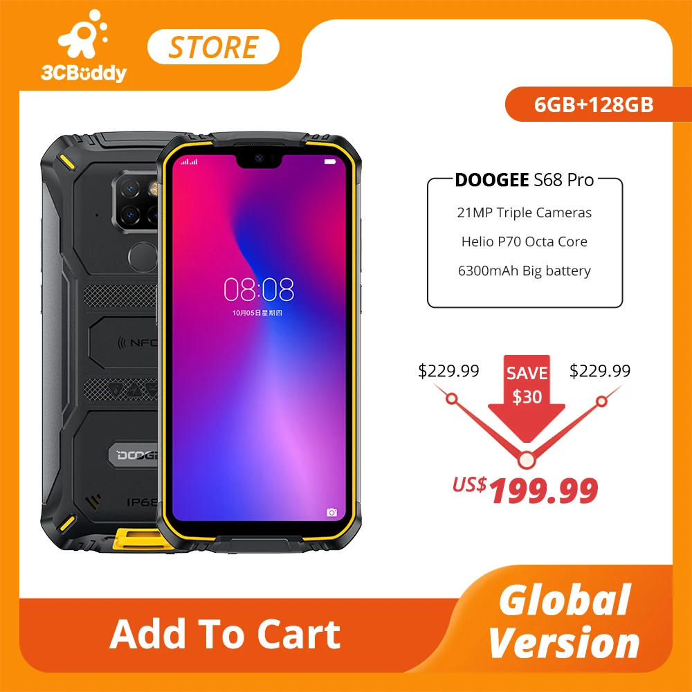 Перейти на Алиэкспресс и купить IP68 Водонепроницаемый DOOGEE S68 Pro прочный телефон Беспроводной зарядка NFC 6300 мА/ч, 12V2A зарядки 5,9 дюймов FHD + Helio P70 Octa Core 6 ГБ 128