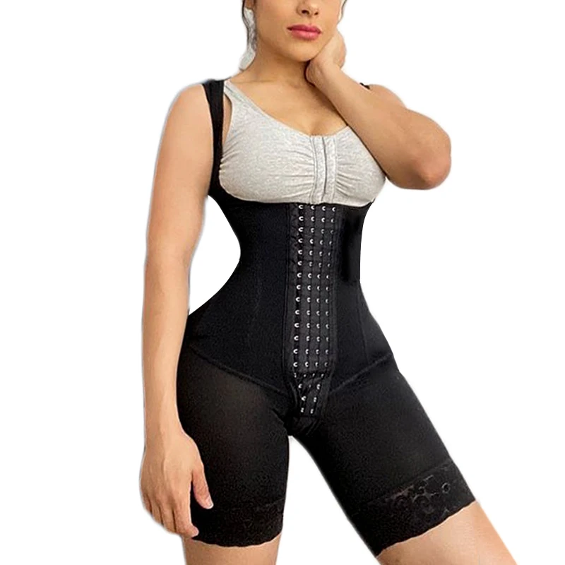 

Women's Post Liposuction Open Bust Flatten Abdomen Waist and Hips Four-breasted Front Closure Hook-eye Fajas Lace Body Shaper