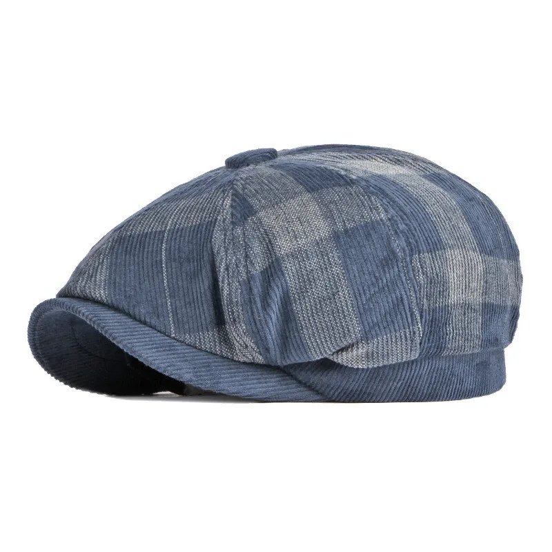 

2022 Spring Autumn Corduroy Plaid Newsboy Caps Flat Peaked Cap Men and Women Painter Beret Hats 23