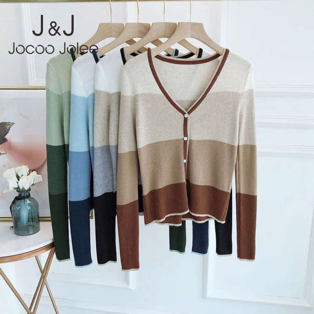 

Элегантный полосатый кардиган на пуговицах с длинным рукавом, Женский Осенний корейский свободный свитер в стиле Харадзюку С V-образным выр...