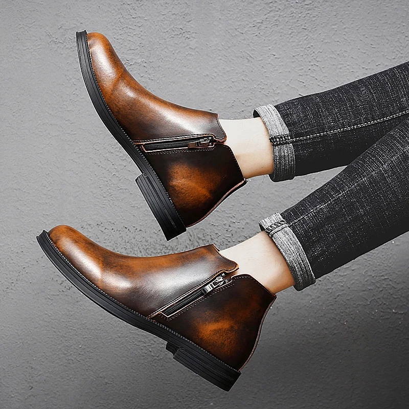 Мужские кожаные ботинки челси коричневые ботильоны из воловьей кожи на молнии с