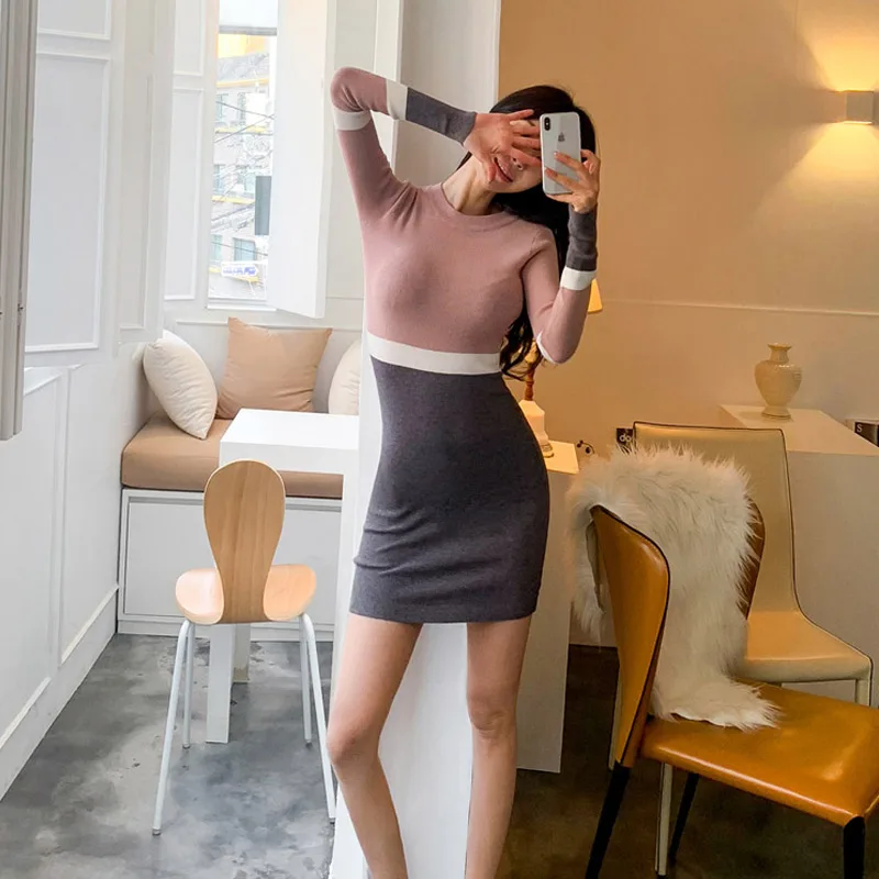 womens autumn winter sweaters clothing new 2019 O neck jumper pullovers long sleeve Sexy Korean Bandage Mini femme Knitted dress | Женская