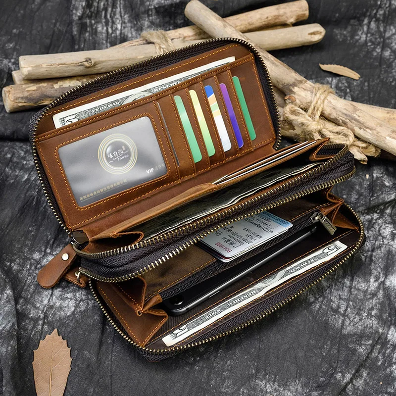 Винтажный Длинный кошелек Crazy Horse из натуральной кожи мужской с отделением для