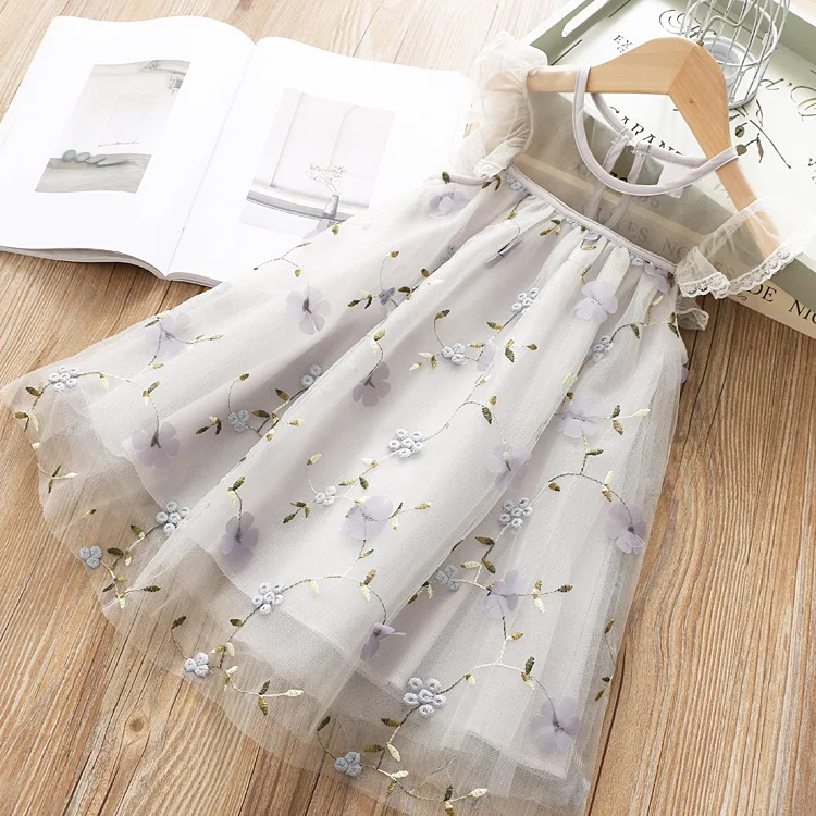 

2021 summer children's Embroidery three dimensional flower lace mesh dress
