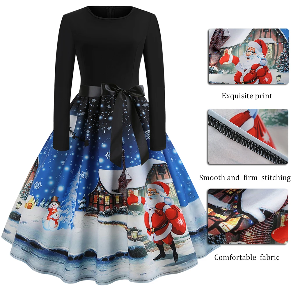 Women Christmas Long Sleeve Print Elegant Vintage mid calf dress Party Dress Robe 2019 Autumn Winter Casual Plus Size Xmas | Женская