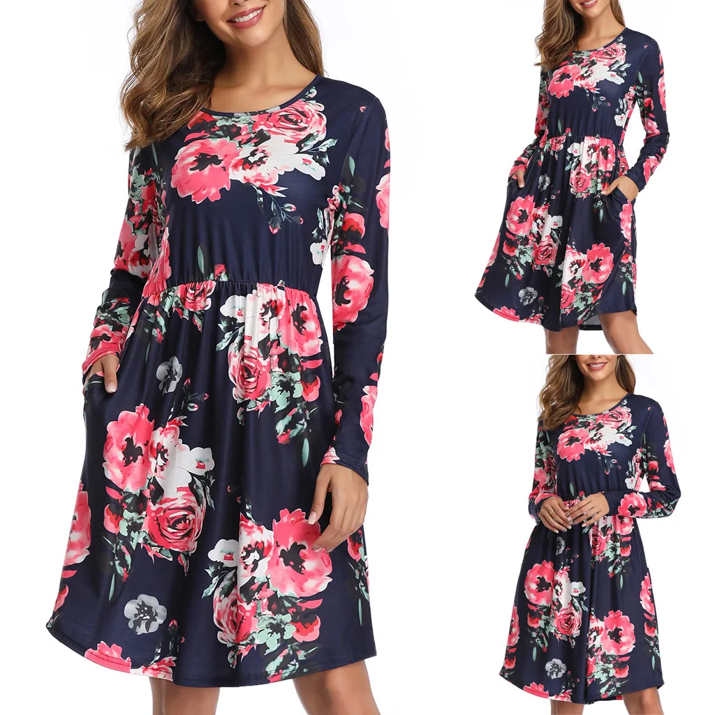 Женское платье на каждый день с цветочным принтом круглым вырезом длинным