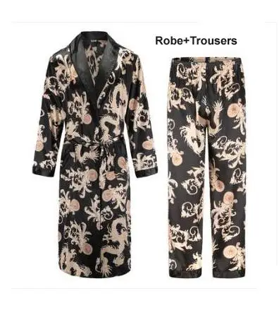 robe and trousers Шелковая ночная рубашка мужская летняя тонкий купальный халат Тигр Ночная рубашка свободная Свадебная robesilky с длинным рукавом Sleeprobe размера плюс домашняя одежда - Цвет: robe and trousers