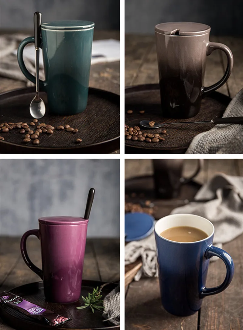 Цветная Керамическая кружка с градиентной глазурью кофейная чашка крышкой ложка