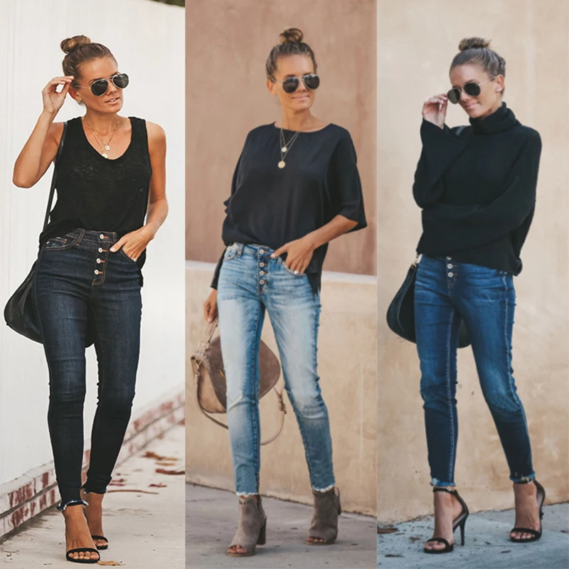 

High Waist Jeans Buttons Thin Jeans Women Skinny Streetwear Harajuku Casual Female Pencil Pants boyfriend Denim Trousers