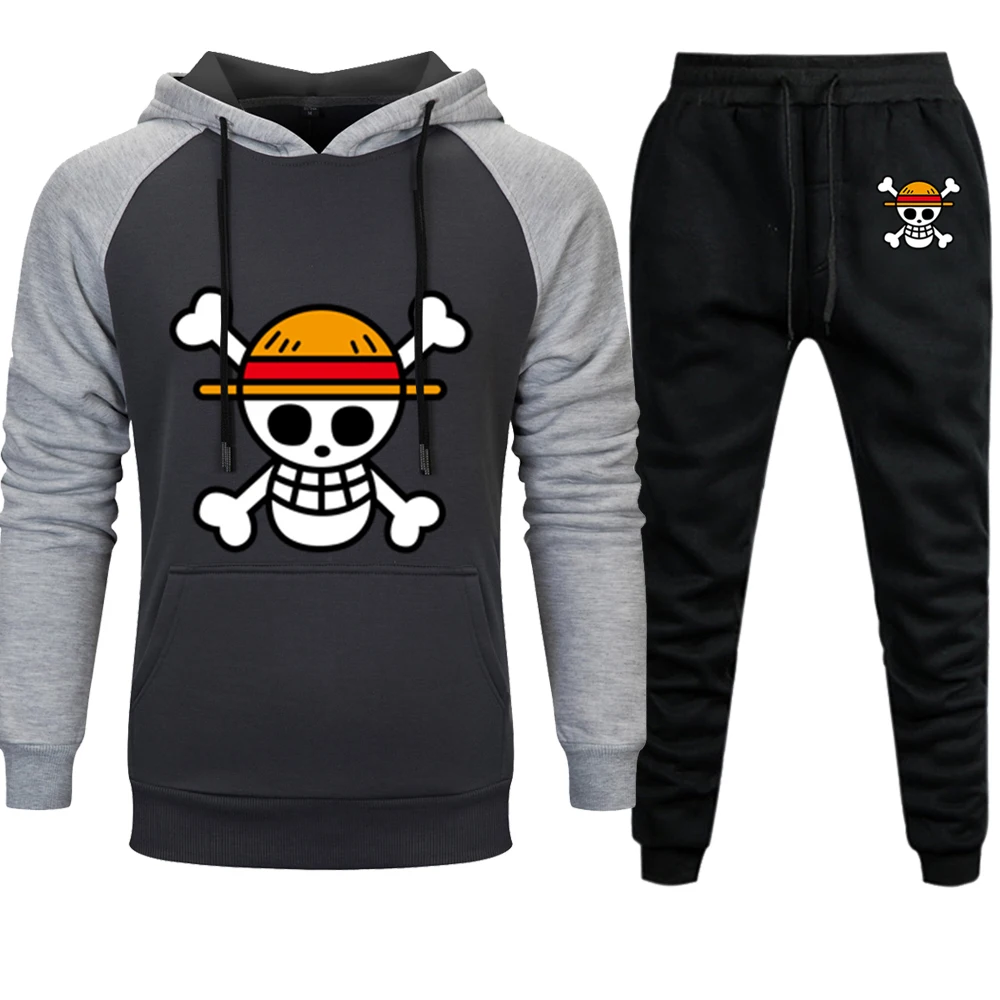 One piece Аниме мужские Комплекты Толстовки штаны Череп Луффи толстовка с капюшоном штаны Осень Зима повседневные 2 шт Спортивные Штаны Толстовка - Цвет: gray black6