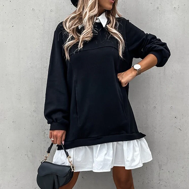 

Two Piece Dress Shirt Lapel Sweater Long Sleeve Pleated Lace Swing Skirt Fashion Casual Multicolor Loose Sweatershirt Dress