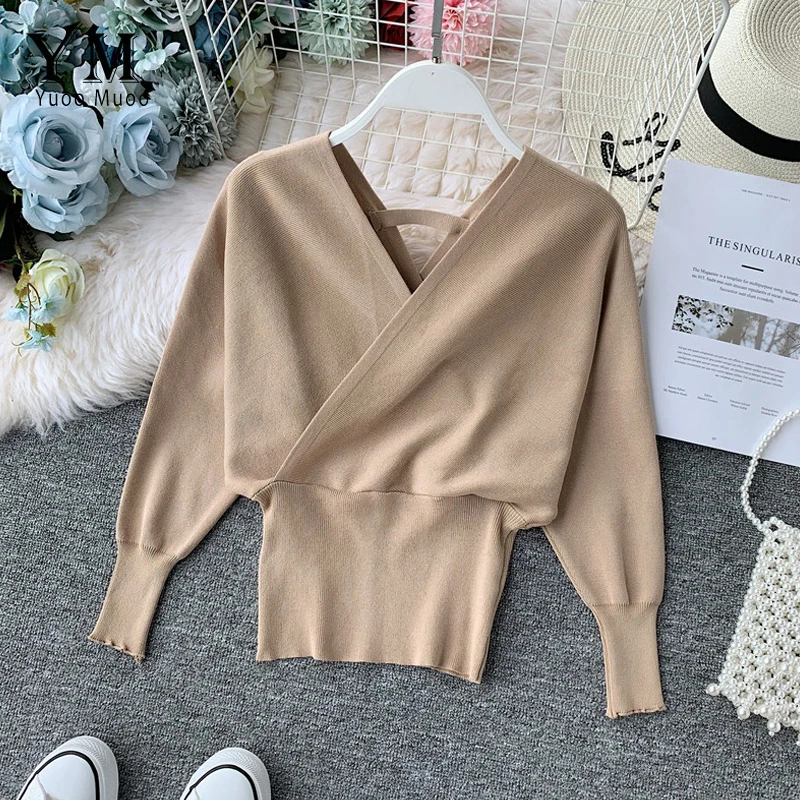 

2020 Fashion New Sexy V-neck Sweater Women's Batwing Long Sleeve Pullover Casual Elegant Sweaters Female Soft Bottoming Shirt