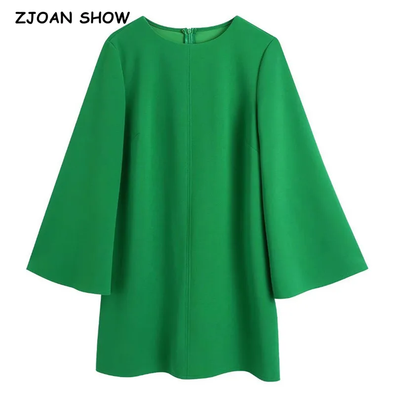 

2021 France Plain dGreen O neck Flare Sleeve Mini Dress Loose Chiffon Dress Back Zipper Vintage Robe Women Vestido