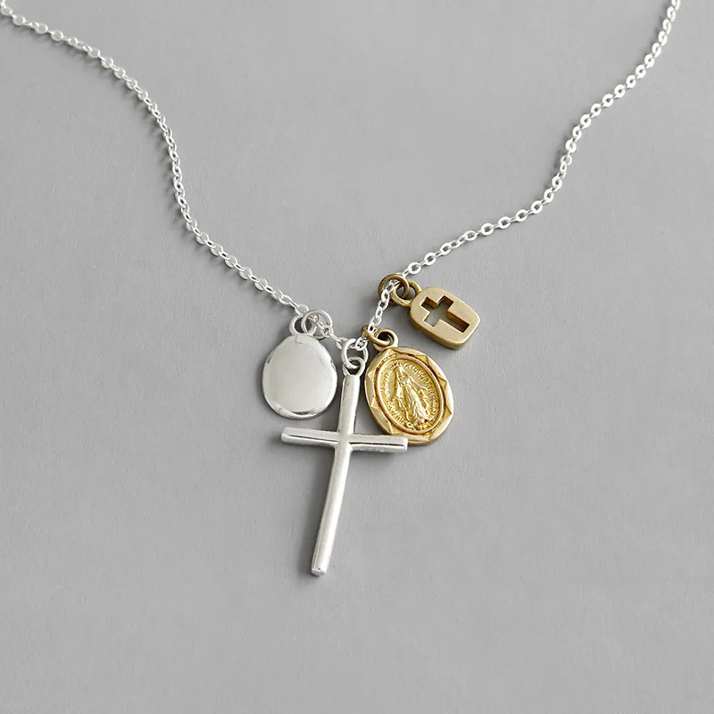 AsinLove Real 925 Sterling Silver Necklace INS Retro Cross Portrait Coin Tag Pendant Personality Jewelry for Women Gift | Украшения и