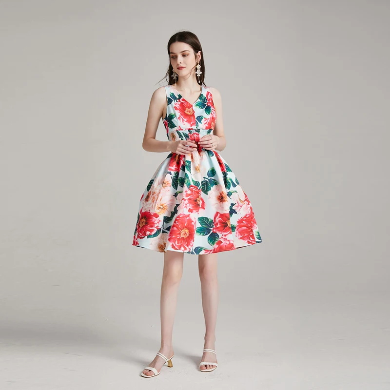 

Fashion Designer Female Dress Summer Women's Party Mini Skirt V-Neck Camellia Floral-Print Elastic Waist Sexy Holiday Dresses