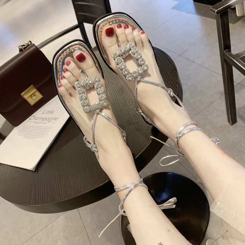 

Sandals Straps 2021 Women's Flip Flops Platform Clear Heels Ladies Shoes Summer Suit Female Beige Lace Up New Corrective Flat Fa