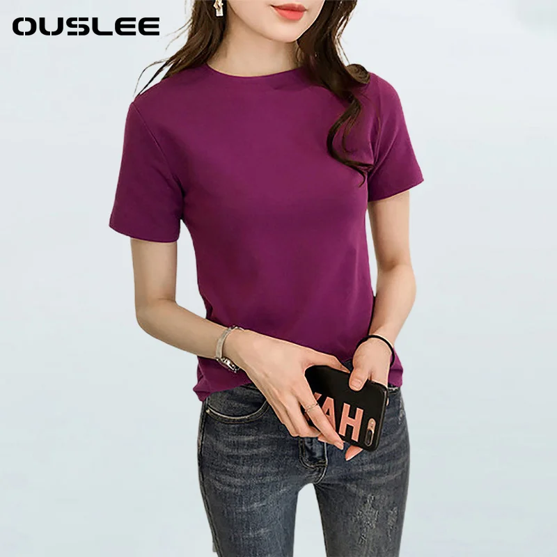 

OUSLEE 10 Solid Colors Basic T Shirt Women Casual O-neck Summer Candy Tee Tops Korean Style Harajuku Short Sleeves Tshirts S-XXL