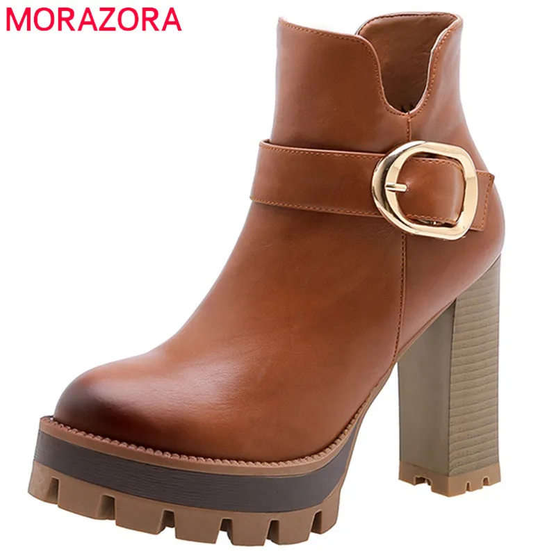 Женские ботильоны на платформе MORAZORA черные с круглым носком высоком каблуке