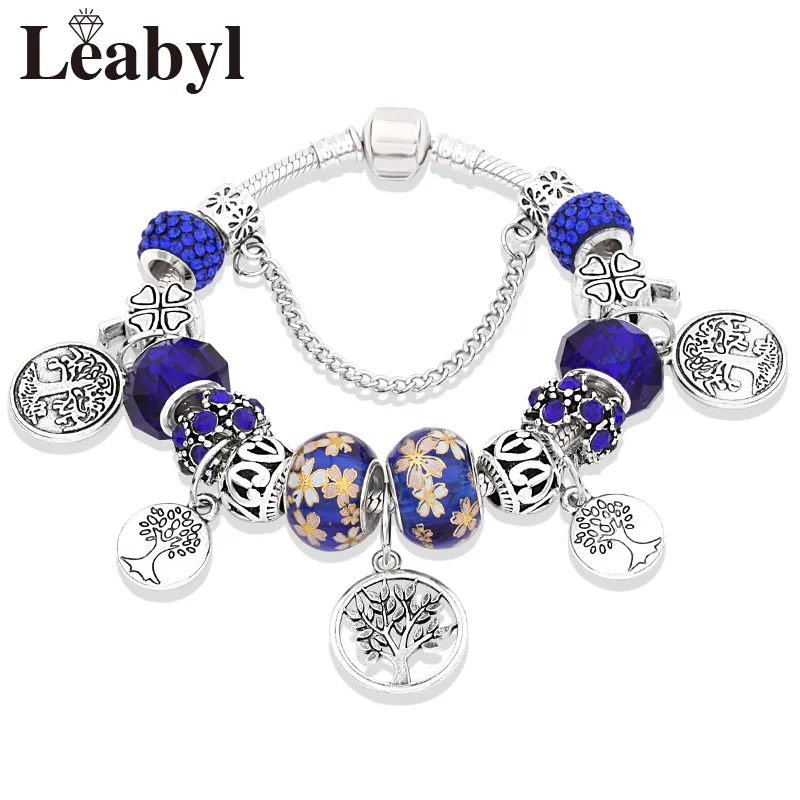 L80829 Dark Blue Stering 925 серебряных Древо жизни Мода шарик кастрюле браслет Зеленый Кристалл Цветочный листьев прелести кнопки и браслет pulsera - Окраска металла: L80829 Dark Blue