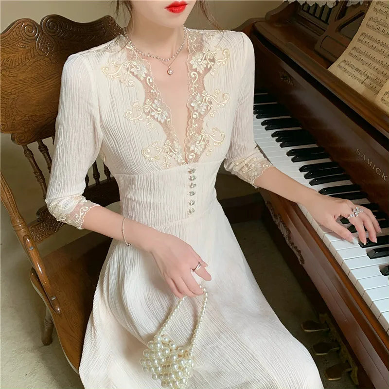 

Vintage Ladies Long Sling Dress With Lace Women high waist Slim fit Sexy Princess Dress With W080