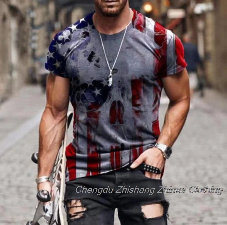 

2021 new hip hop retro old striped printing men's T-shirt popular street men's summer breathable oversized shirt