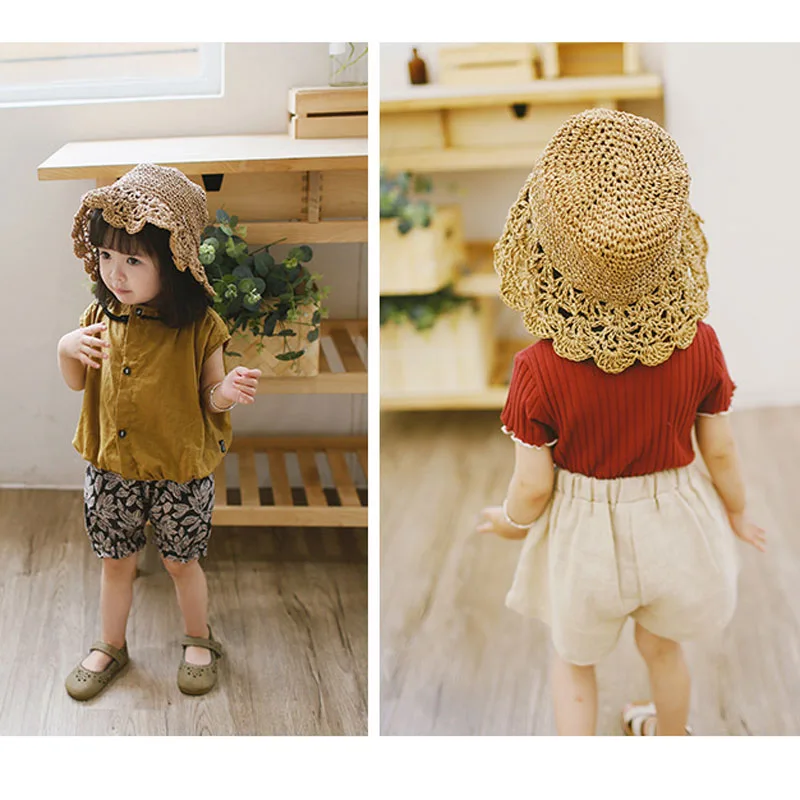 Детская соломенная шляпа от солнца ручной вязки для детей и родителей |