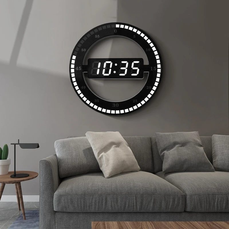 

Electronic Clock 3D Hollow LED Digital Automatic Adjustment Brightness Round Home Wall Clock With US Plug Black Plastic