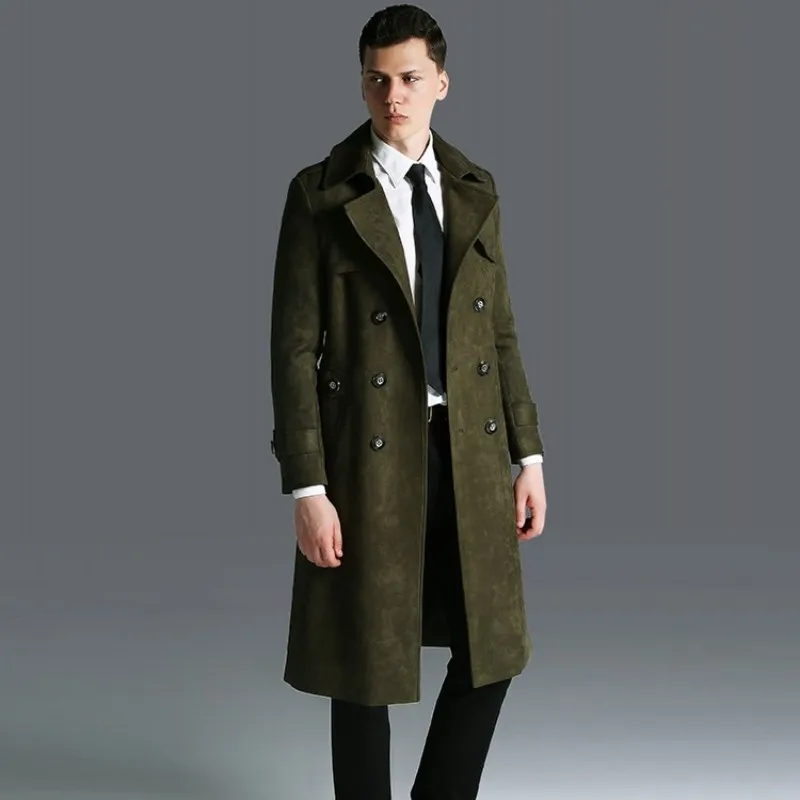 

England Business Men Maxi Long Faux Suede Leather Trench Mantel Army Military Overcoat Slim Fit Windbreaker Coat Big Size 6XL
